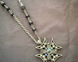 Vintage Black & Aurora Borealis Rhinestone Maltese Cross Pendant Necklace