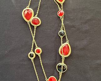 Gold Tone Red and Black Faceted Glass Station Necklace