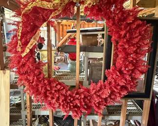 Large Artificial Red Christmas Wreath with Gold Polka Dot Ribbon