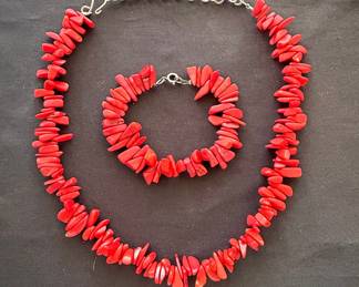 Red Coral Chip Necklace and Bracelet Set with Sterling Silver Clasp