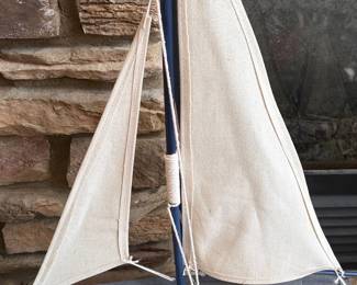 Decorative Wooden Model Sailboat with Blue Hull and Canvas Sails