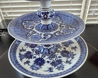 Blue and White Porcelain Two-Tiered Serving Stand - Bombay Company Style