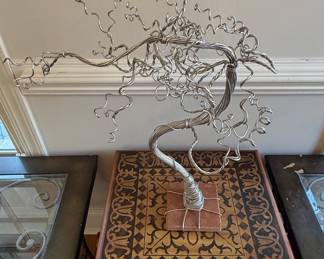 Mid-Century Modern Style Wire Bonsai Sculpture on Terracotta Tile Base
