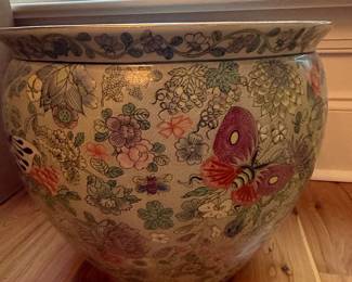 Vintage Chinese Famille Rose Porcelain Fish Bowl with Butterflies and Grapes