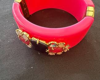 Hot Pink Resin Hinged Bangle Bracelet with Rhinestone Cluster