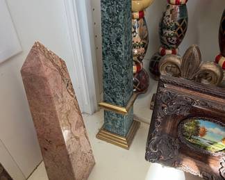 Pair of Decorative Stone Obelisks with Metal Bases