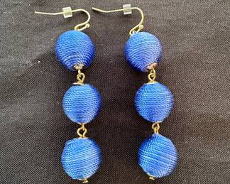 Blue Silk Thread-Wrapped Triple Ball Drop Earrings
