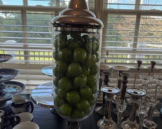 Large Decorative Glass Apothecary Jar with Fleur-de-Lis Finial and Faux Apples