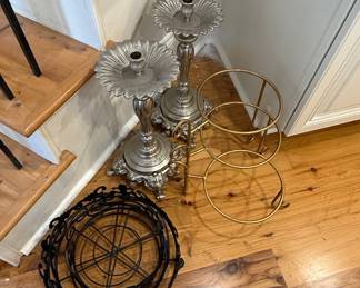 Pair of Ornate Silver-Plated Candlesticks with Decorative Stands