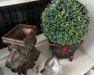 Decorative Home Decor Assortment: Elephant Planter, Fleur-de-Lis Pot, and Fish Figurine