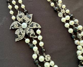 Multi-Strand Faux Pearl and Crystal Floral Statement Necklace