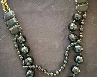 Vintage Multi-Strand Faceted Black Glass Bead Necklace with Rectangular Stations
