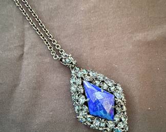 Art Deco Style Lapis Lazuli and Marcasite Pendant Necklace