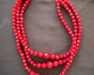 Vintage Multi-Strand Faceted Red Glass Bead Necklace