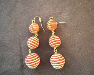 Vintage Red and White Striped Thread-Wrapped Ball Drop Earrings