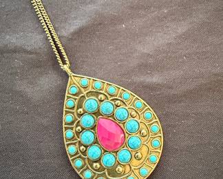 Bohemian Style Teardrop Pendant Necklace with Turquoise and Hot Pink Resin