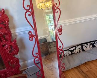 Red Wrought Iron Floor Mirror with Scrollwork