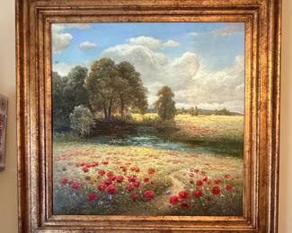 Poppy Field Oil Painting in Ornate Gold Frame