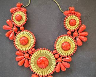 Mid-Century Style Coral and Gold-Tone Medallion Statement Necklace