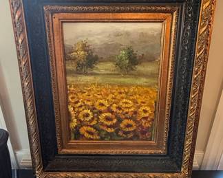 Oil Painting of Sunflower Field by Charles R. Benolt in Ornate Gilt Frame