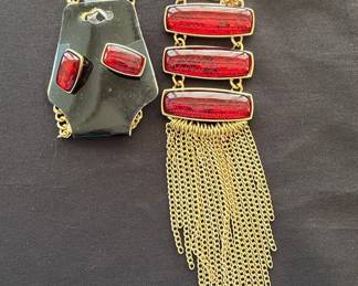 Vintage Gold-Tone Red Faux Stone Fringe Jewelry Set