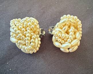 Vintage Faux Pearl Cluster Clip-On Earrings with Mixed Bead Shapes