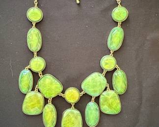 Gold-Tone Bib Necklace with Green Iridescent Cabochons