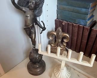 Bronze Cupid Statue, Fleur-de-Lis Bookend, and Jewelry Display Stand