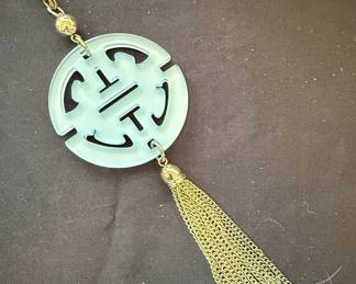 Chinese "Shou" Symbol Pendant Necklace with Gold-Tone Tassel