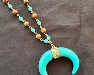 Turquoise Resin Crescent Moon Horn Necklace with Wood Beads
