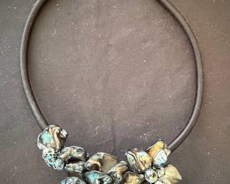 Artisan Floral Baroque Pearl and Crystal Necklace on Leather Cord