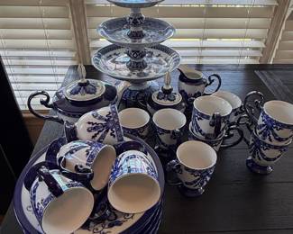 Bombay Company Blue and White Chinoiserie Tea Set and Tiered Stand