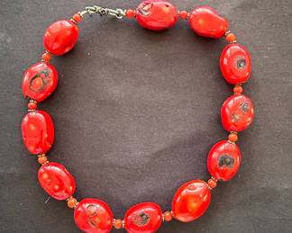 Chunky Red Coral Bead Necklace with Sterling Silver Clasp