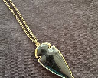 Black Obsidian Arrowhead Pendant Necklace with Gold-Tone Bezel