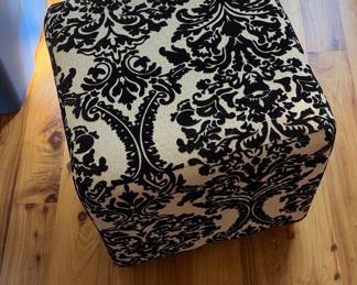 Black and Cream Damask Pattern Upholstered Cube Ottoman