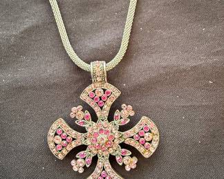 Vintage Pink Rhinestone Filigree Cross Pendant Necklace