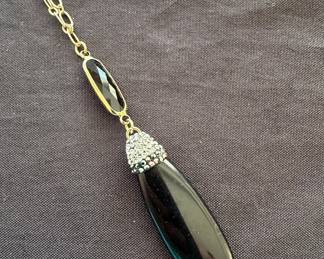 Gold-tone Black Onyx and Crystal Teardrop Pendant Necklace