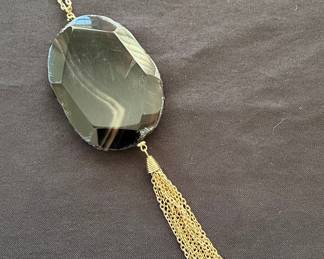 Kendra Scott Style Black Agate Tassel Pendant Necklace