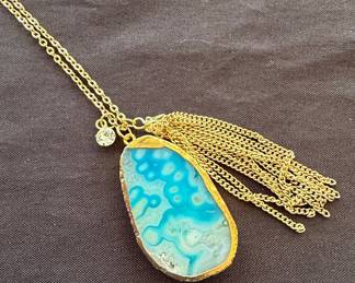 Blue Agate Slice Pendant Necklace with Tassel and Rhinestone Accent