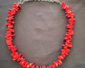Red Coral Chip Necklace with Sterling Silver Clasp