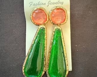 Resin Drop Earrings with Peach Cabochon and Green Teardrop
