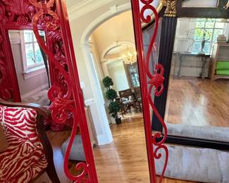 Vintage Hollywood Regency Red Wrought Iron Floor Mirror