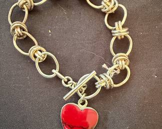 Sterling Silver Toggle Bracelet with Red Stone Heart Charm