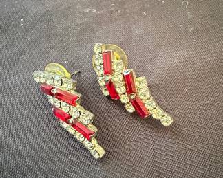 Vintage Red Baguette and Clear Rhinestone S Shaped Curved Clip Earrings