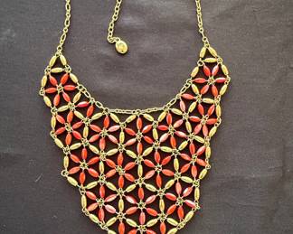 Vintage Coral and Gold-Tone Geometric Bib Necklace