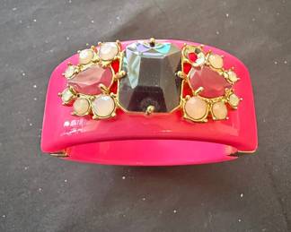 Hot Pink Resin Hinged Bangle Bracelet with Rhinestone Cluster