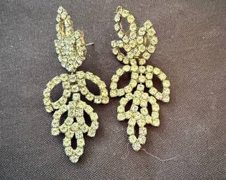 Vintage Rhinestone Leaf Chandelier Earrings