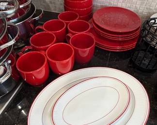 Crate & Barrel Red Dinnerware and White Oval Platters