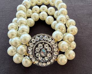 Vintage Multi-Strand Faux Pearl and Rhinestone Clasp Bracelet