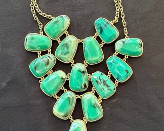 Faceted Green Stone Gold Tone Statement Bib Necklace